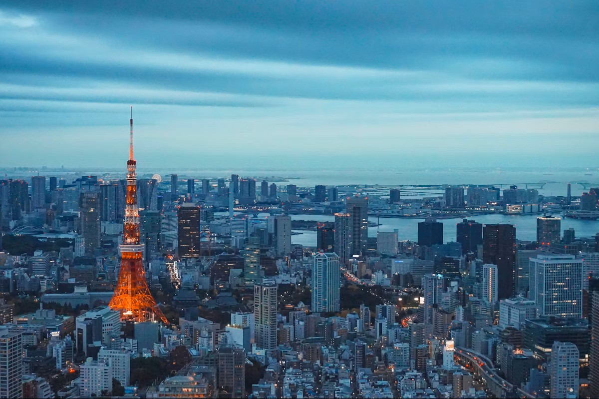 Skyline van Tokyo bij nacht