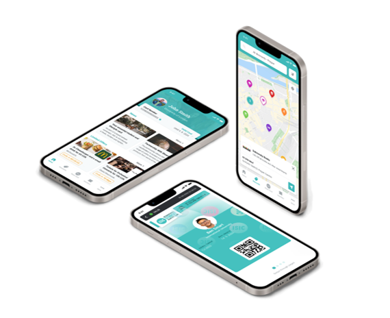 Drie smartphones met de ISIC-app: een overzicht van deals, een kaart met kortingen in de buurt en de virtuele ISIC-kaart
